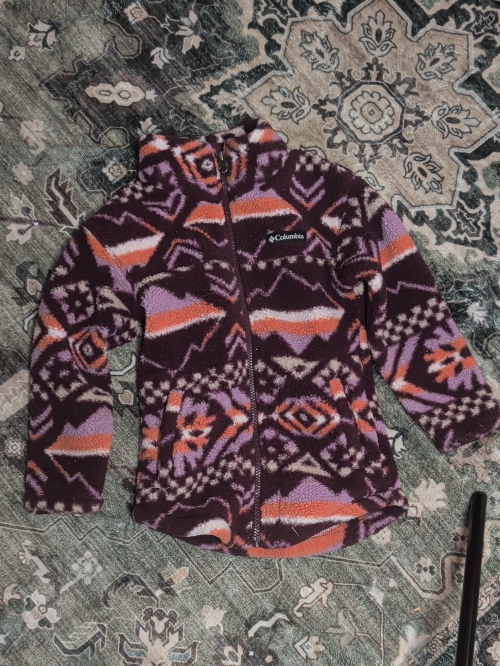 Columbia Girls Purple Aztec-Pattern Fuzzy Jacket with Pink & Orange Accents